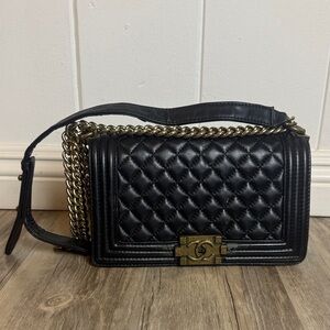 CHANEL Black Quilted Leather Crossbody Bag Gold Chain